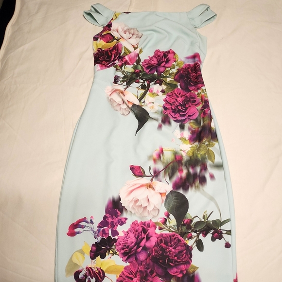 Ignite Evenings Off The Shoulder Floral Cocktail Fitted Dress Aqua Multi-Color 8 - Picture 7 of 10